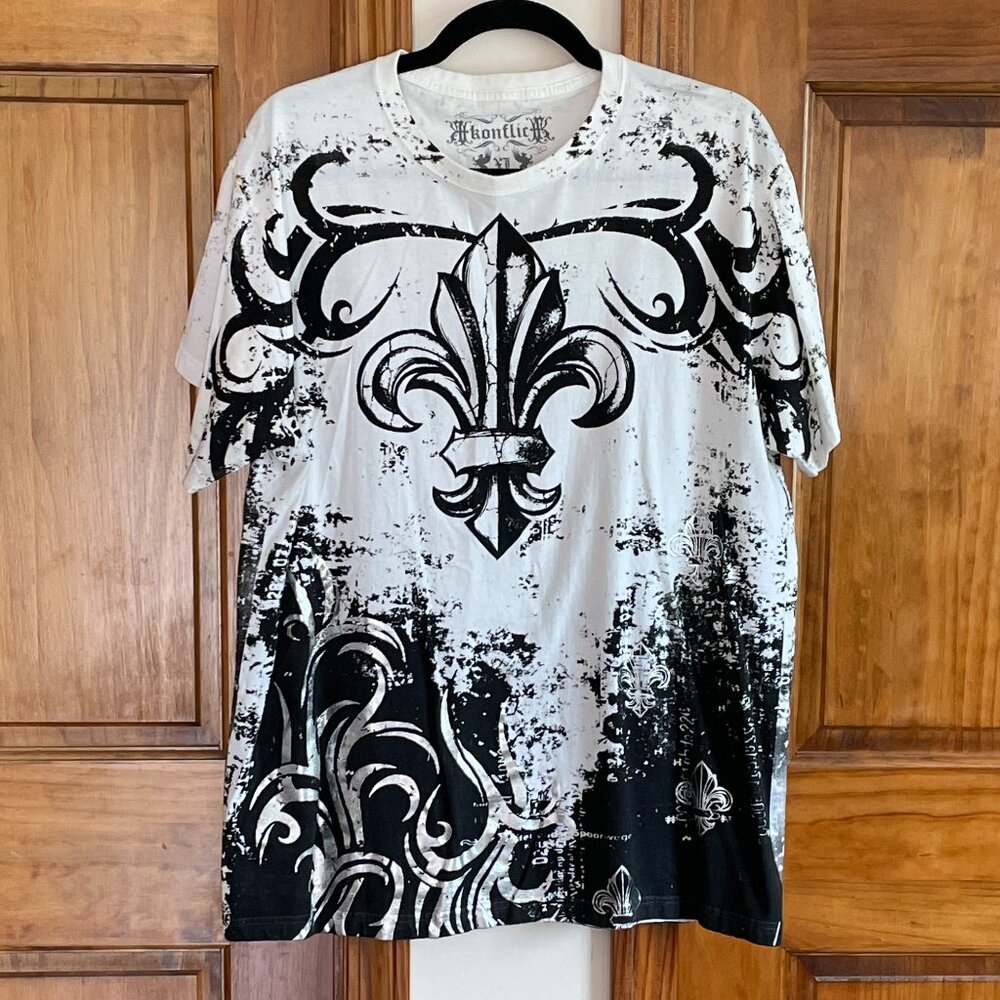 Vintage Konflic White and Black T-Shirt with Silver Detail Size XL